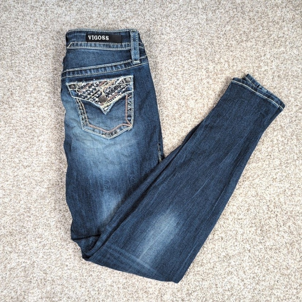 VIGOSS Womens Skinny Heritage Fit Blue Wash Embellished Pockets Size S2 L30